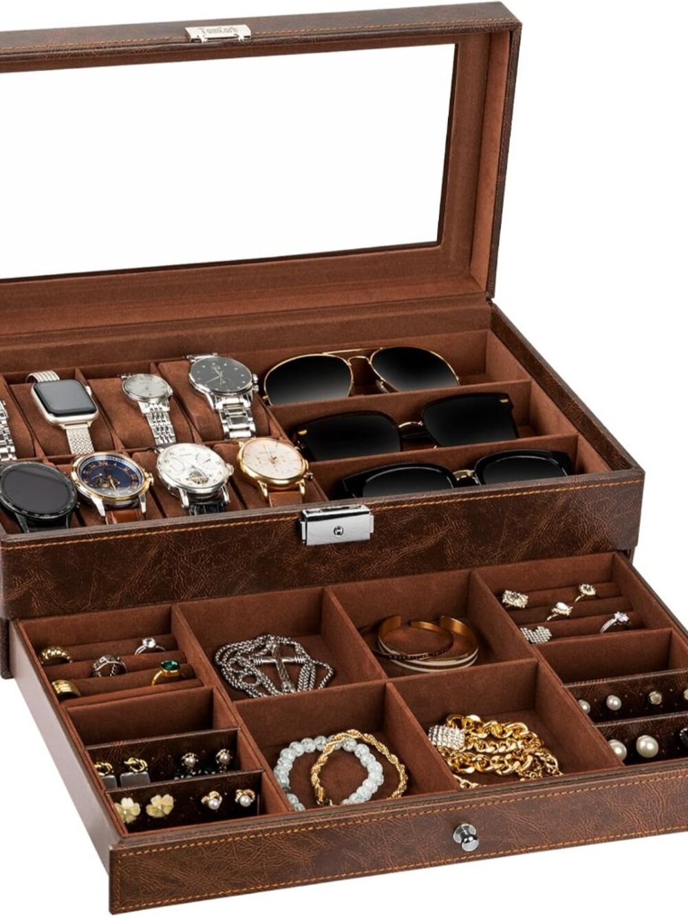 Watch Box, 2-Tier Watch Case Jewelry Organizer with Glass Lid